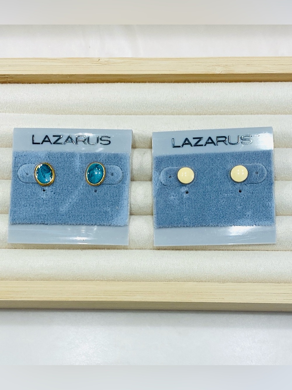 Vintage Lazarus Earrings Set 2 Pairs Teal Blue Oval Cream Enamel Gold Studs NOS